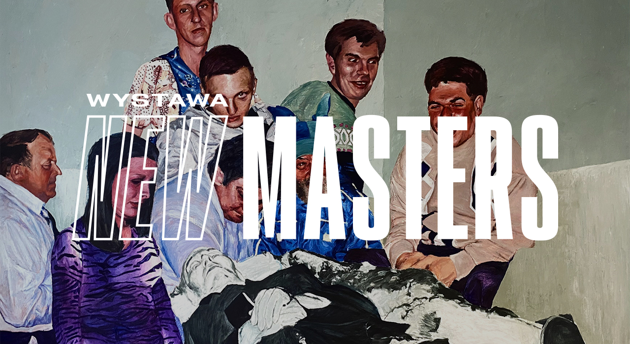 WYSTAWA NEW MASTERS – grafika projektu na tle obrazu Mateusza Drozdowskiego